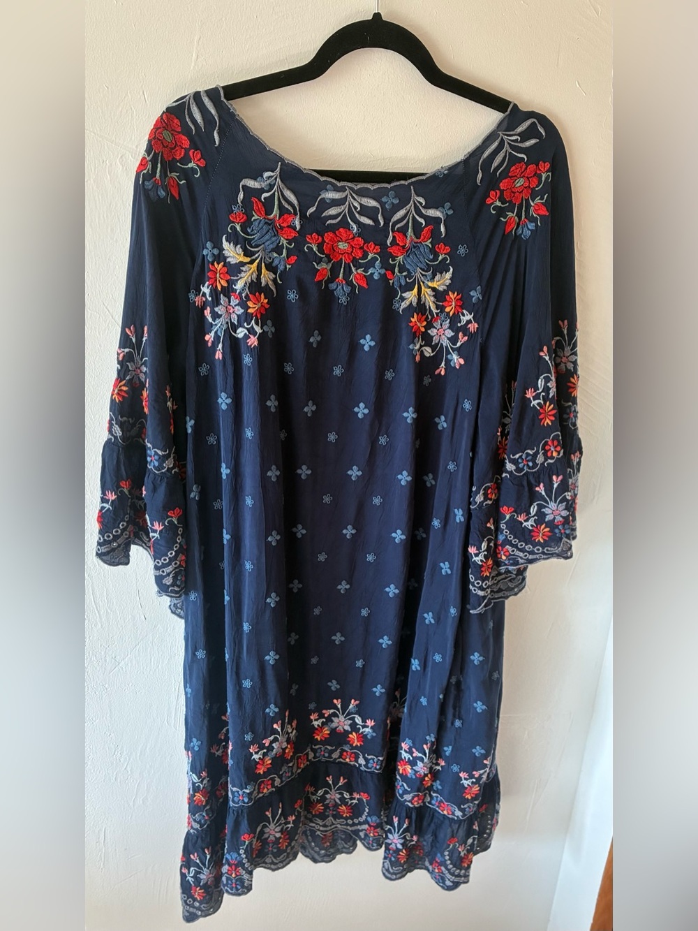 Johnny Was Navy Embroidered Floral Bell Sleeve Dress With Slip XXL EUC